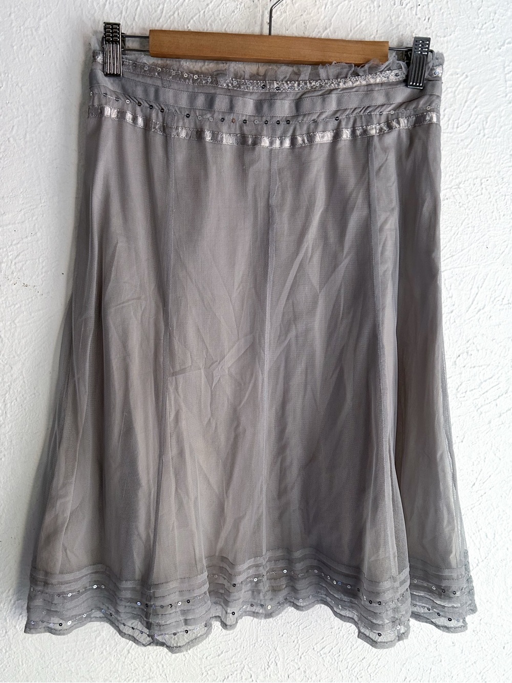 H&M Y2K Grey Silver Mesh Sequin Midi Skirt Fairygrunge Whimsigoth Sz 6
